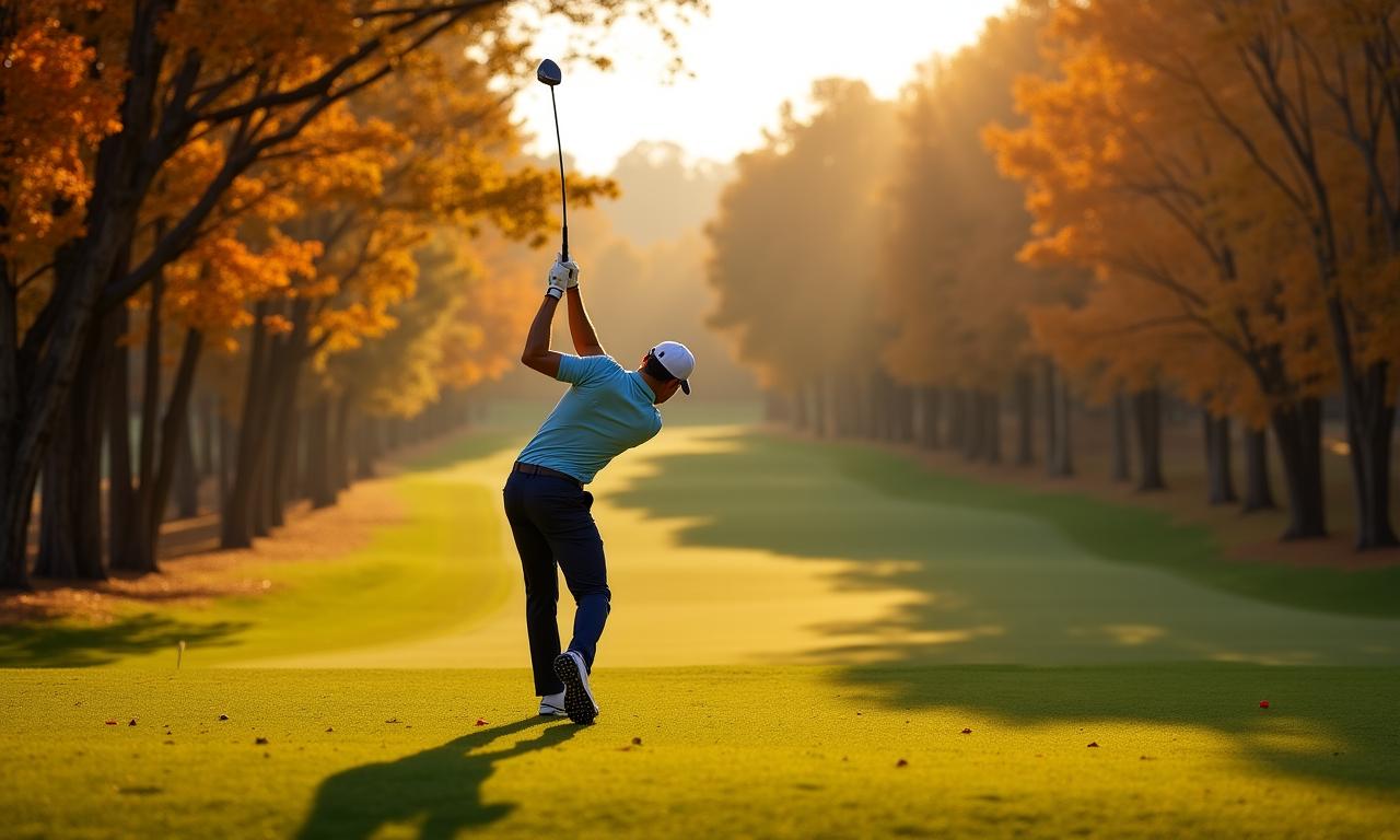 Un golfista esegue uno swing perfetto tra i colori autunnali del Lince Links