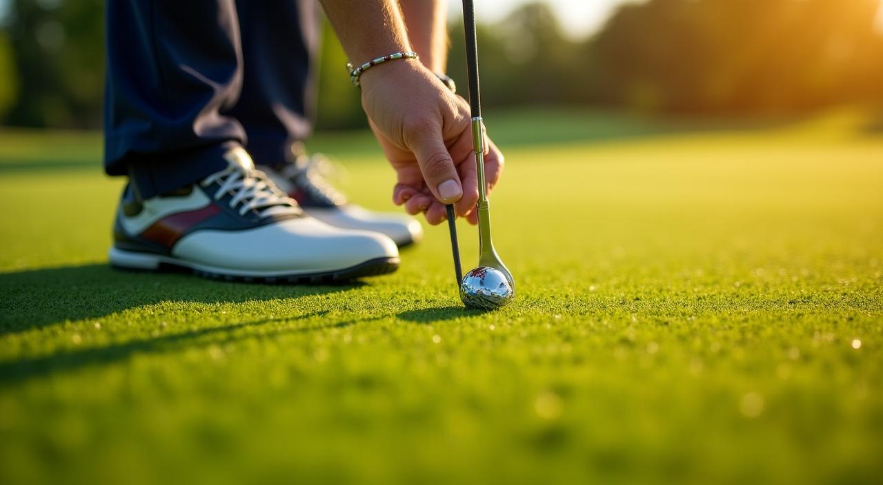 Golfista elegante che ripara un pitch mark sul green