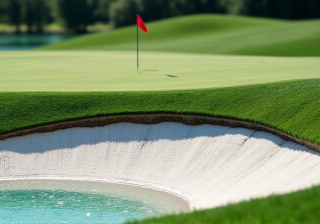 Dettaglio del green della buca 18 con bunker e acqua
