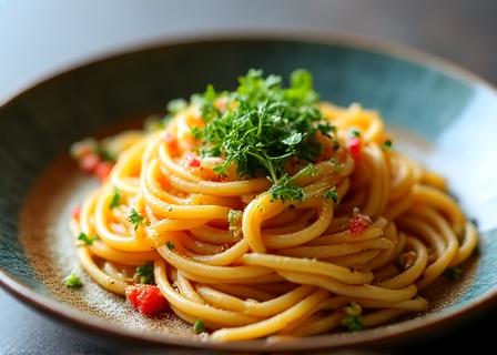 Piatto di pasta gourmet presentato con eleganza